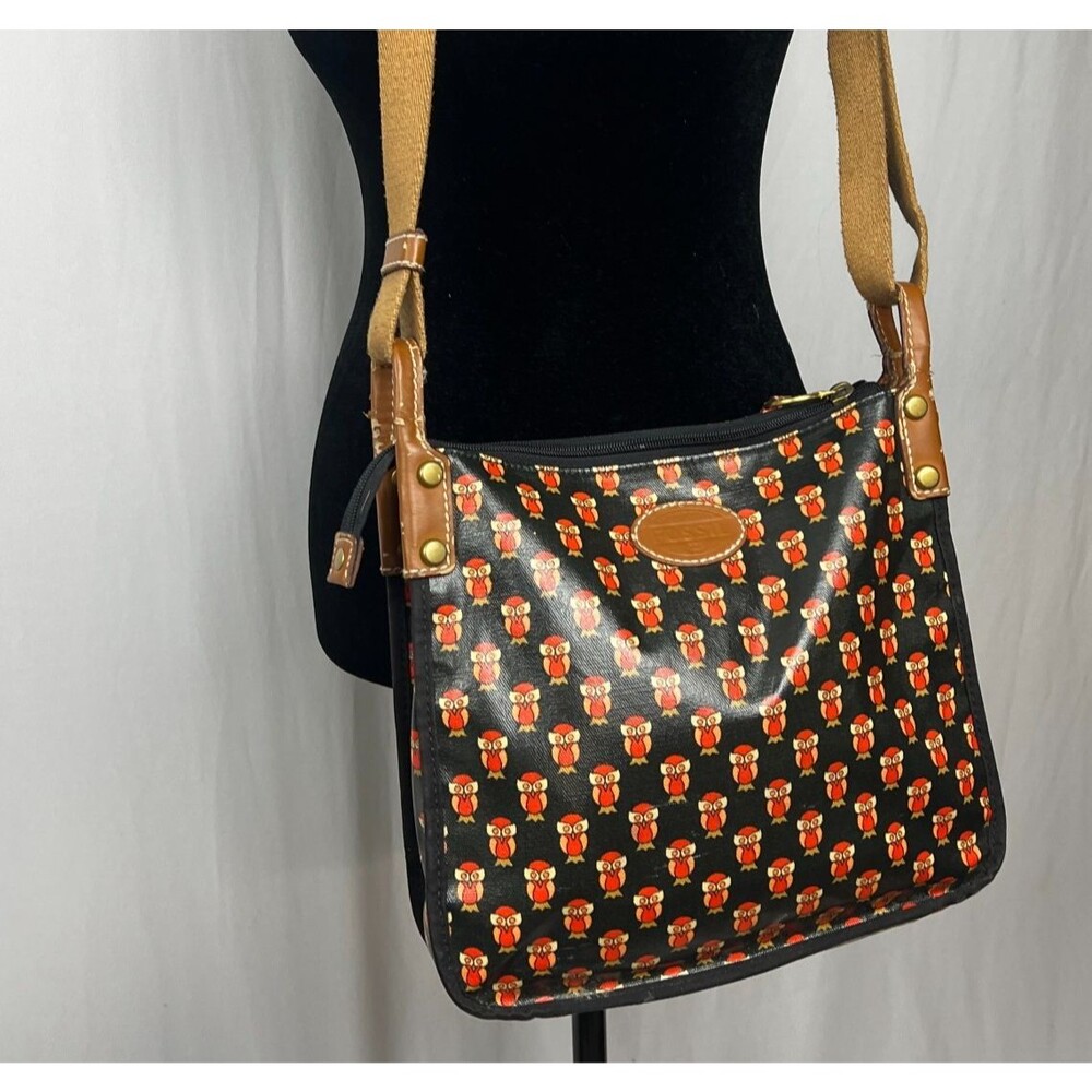 Fossil Owl Print Crossbody Bag Coated Canvas Messenger Purse